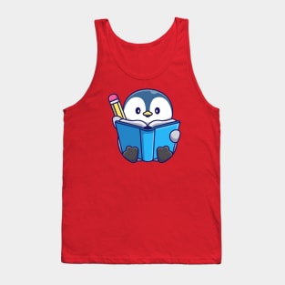 Cute Penguin Writing With Book And Pencil Cartoon Tank Top